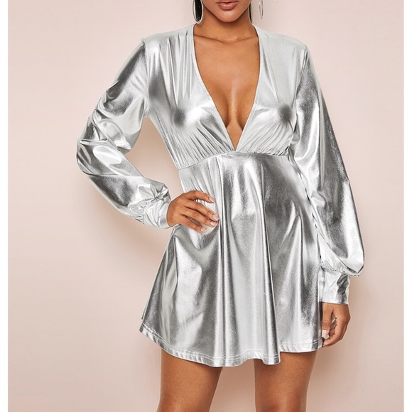 Silver Metallic Deep V Fit & Flare Party Dress - Picture 3 of 5
